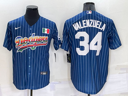 Men's Los Angeles Dodgers #34 Toro Valenzuela Navy Mexico Rainbow Cool Base Stitched Baseball Jersey